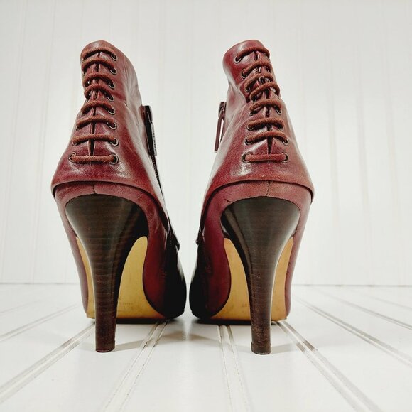 Nine West Burgundy Brown Leather Side Zip Fold Over Lace Back Heel Boots I140 - Picture 6 of 11